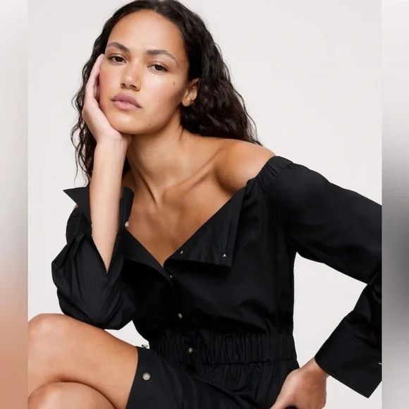 NWT Banana Republic Cotton Pop Off Shoulder Black Shirt Dress Sz S (#771887) - Picture 3 of 7